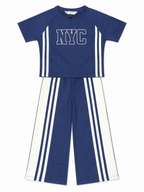 Girls Navy Blue Printed T-Shirt & Pants Co-Ord Set