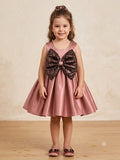 Girls' Satin Party Wear Frock with Sequin Bow – Elegant Dusty Rose Sleeveless Dress