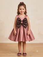 Girls' Satin Party Wear Frock with Sequin Bow – Elegant Dusty Rose Sleeveless Dress