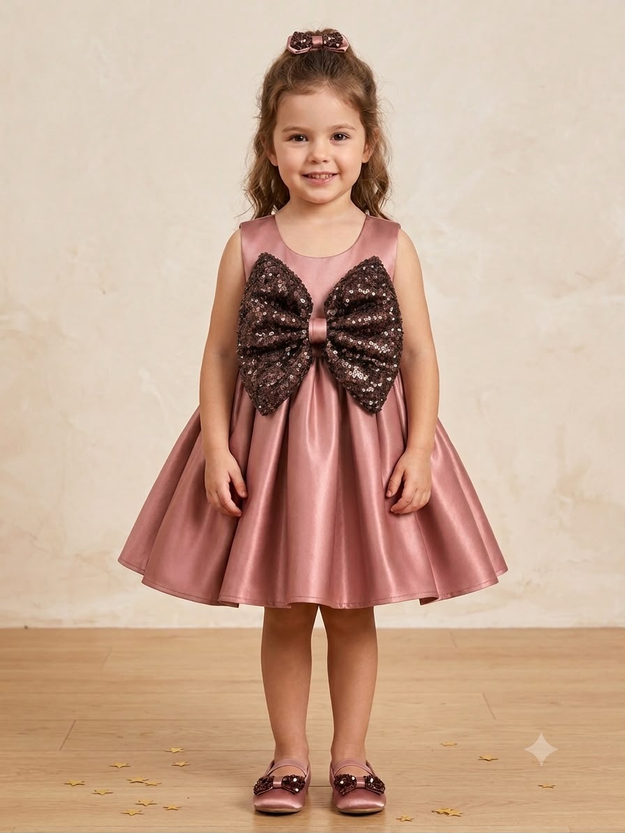 Girls' Satin Party Wear Frock with Sequin Bow – Elegant Dusty Rose Sleeveless Dress