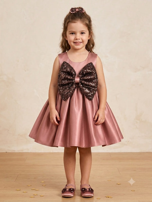 Girls' Satin Party Wear Frock with Sequin Bow – Elegant Dusty Rose Sleeveless Dress