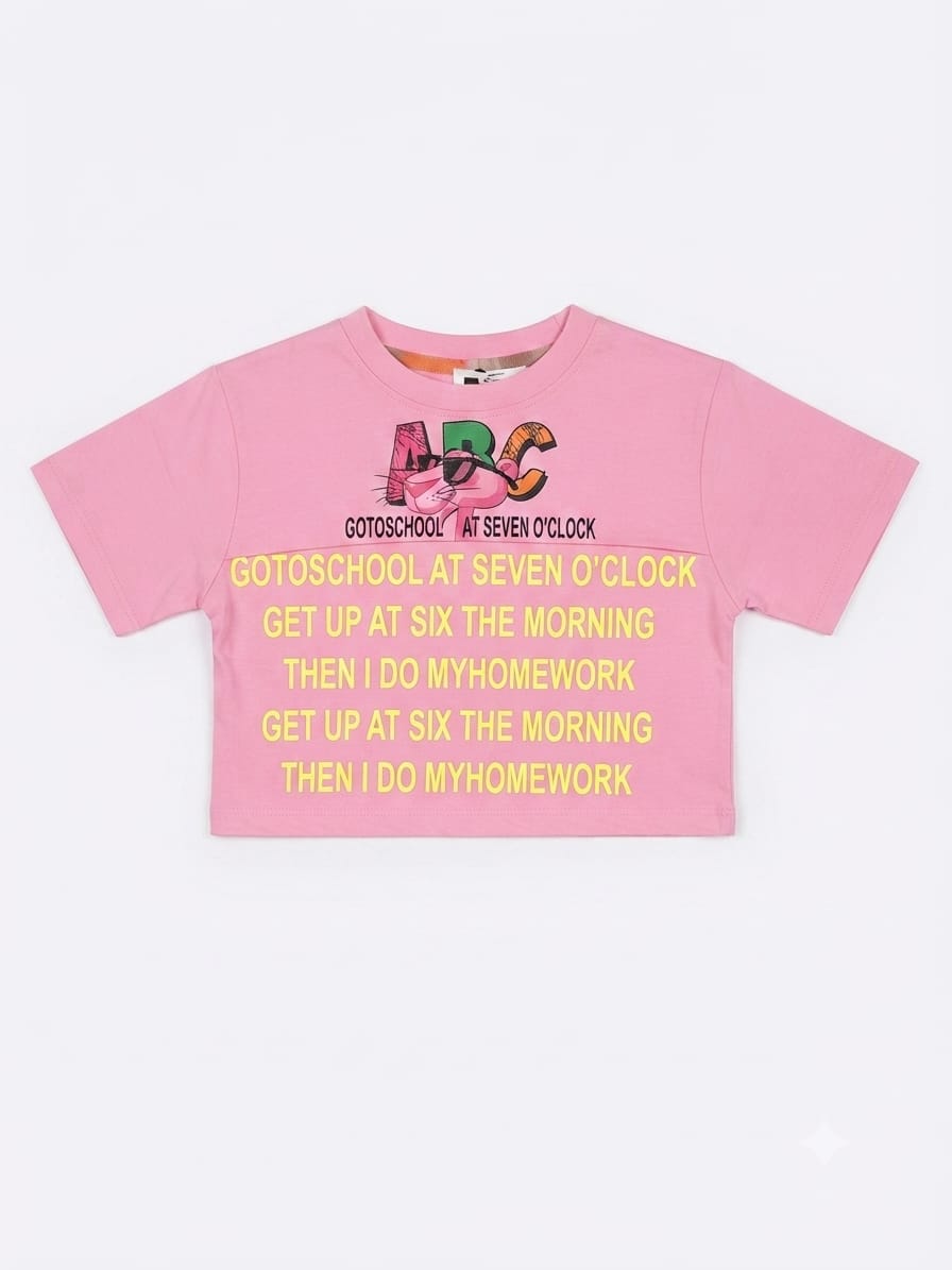 Pink Graphic Print Girls Crop T-Shirt