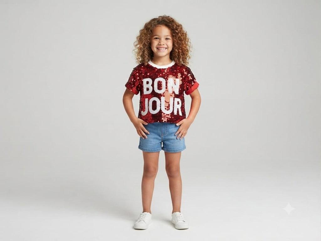 Red Sequin "BON JOUR" Girls Top