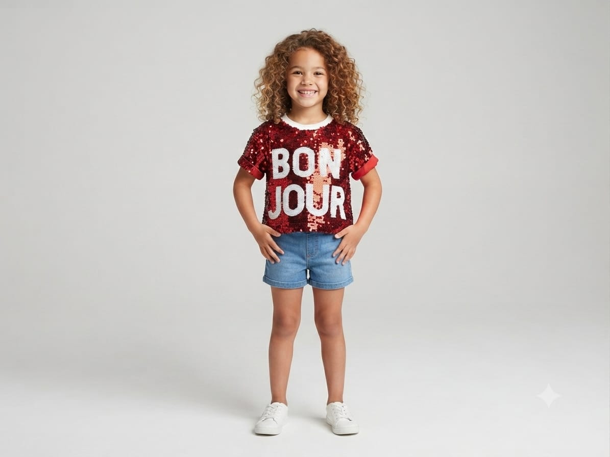 Red Sequin "BON JOUR" Girls Top