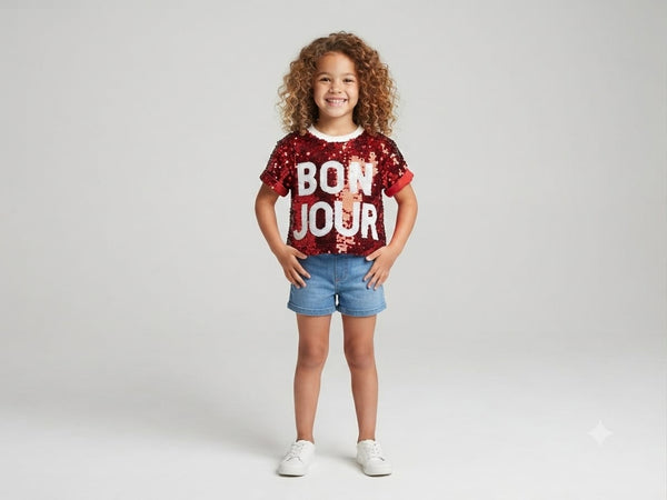 Red Sequin "BON JOUR" Girls Top