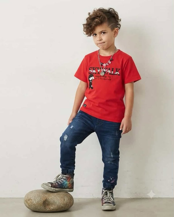 Red Skywalk Graphic Printed Half Sleeve Round Neck T-Shirt  Short