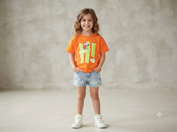 Kids Orange Snoopy Graphic Cotton Half Sleeve T-Shirt