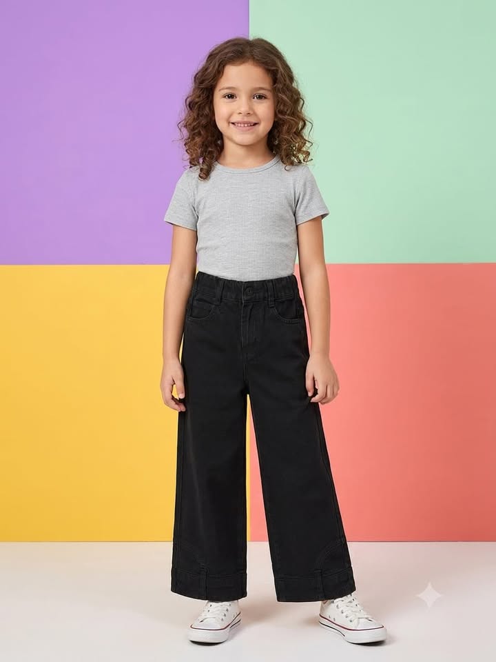 Girls Solid Black Wide Leg Denim Jeans