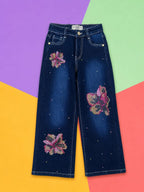 Dark Blue Wide Leg Denim Jeans with Floral Embellishment