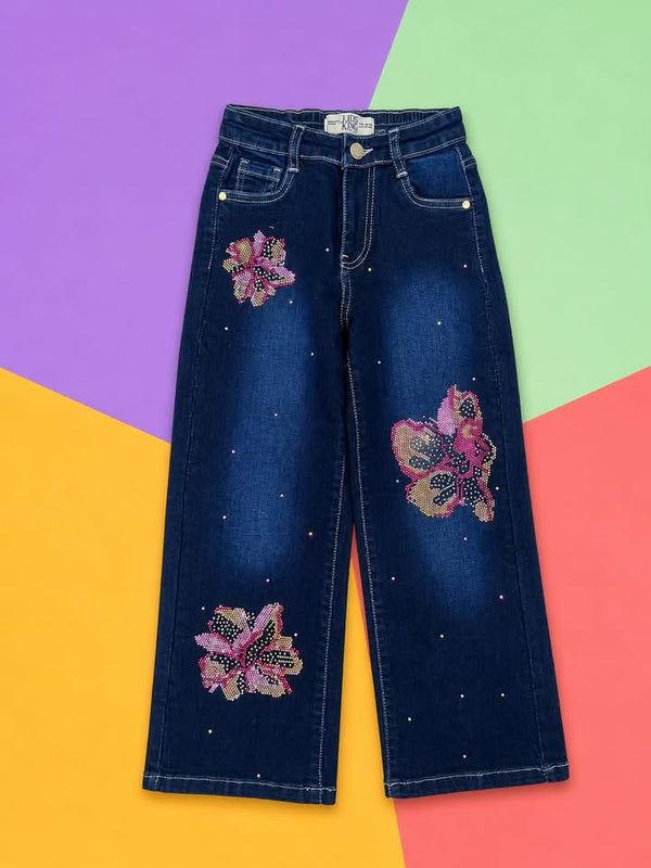 Dark Blue Wide Leg Denim Jeans with Floral Embellishment