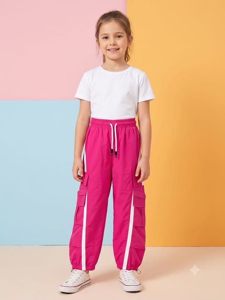 Kids Hot Pink Cargo Jogger Pants with White Side Stripes