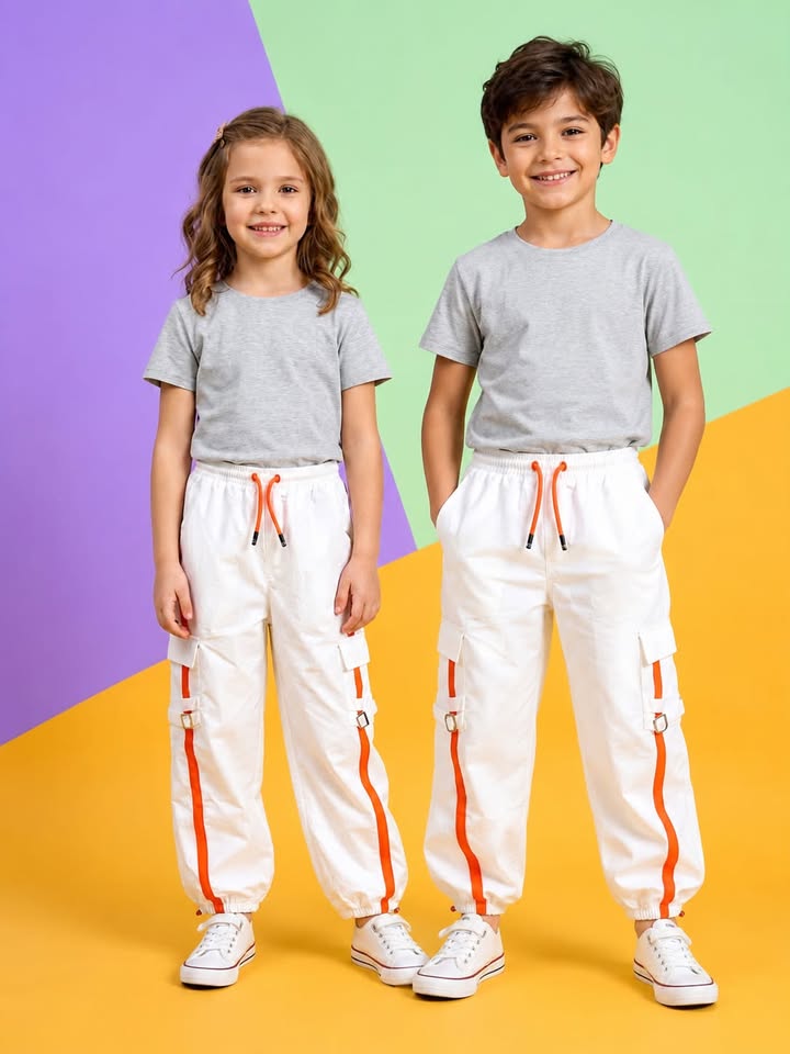 White Cargo Jogger Pants with Orange Side Stripes
