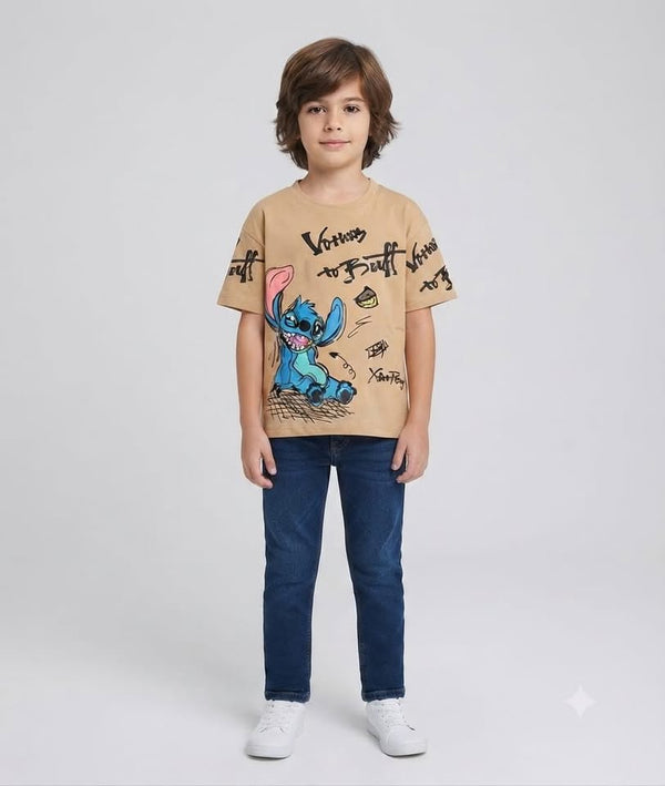 Kids Graphic Print Half Sleeve Snitch T-Shirt – Beig