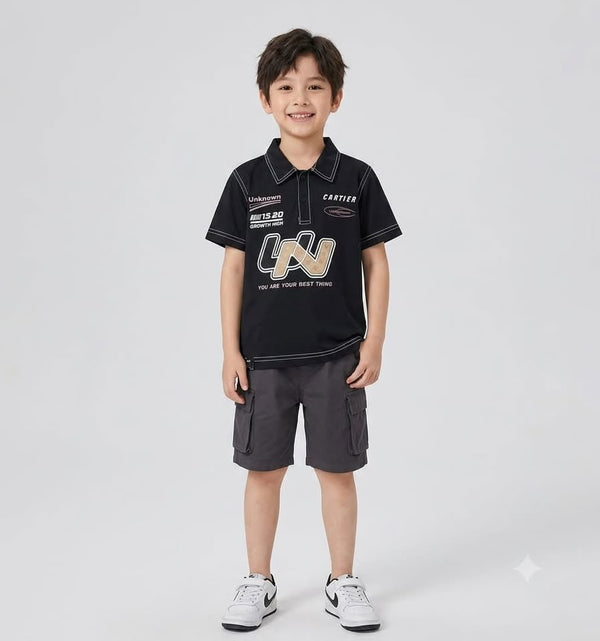 Boys Black Graphic Polo T-Shirt