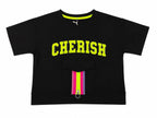 Kids Black Cherish Printed Cotton Half Sleeve T-Shirt with Front Zip Pocket