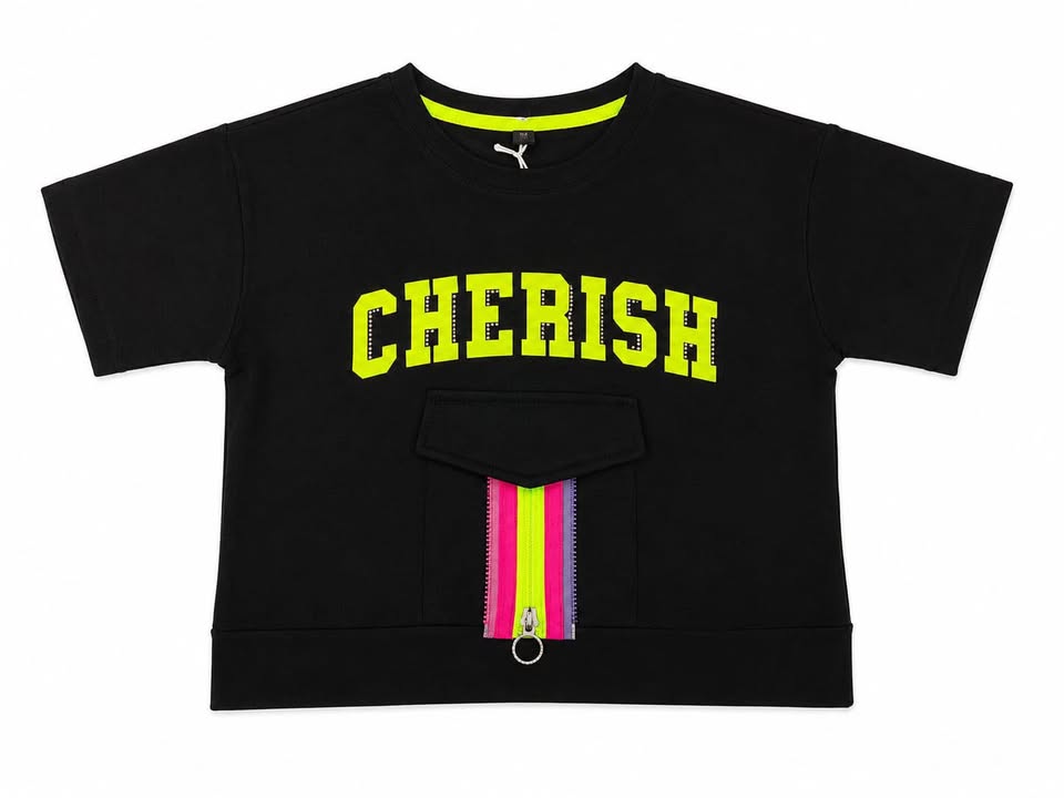 Kids Black Cherish Printed Cotton Half Sleeve T-Shirt with Front Zip Pocket