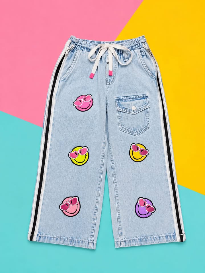 Girls Light Wash Denim Wide Leg Jeans with Smiley Print