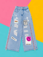 Girls Light Wash Distressed Wide Leg Jeans with Patchwork & Zip Detail
