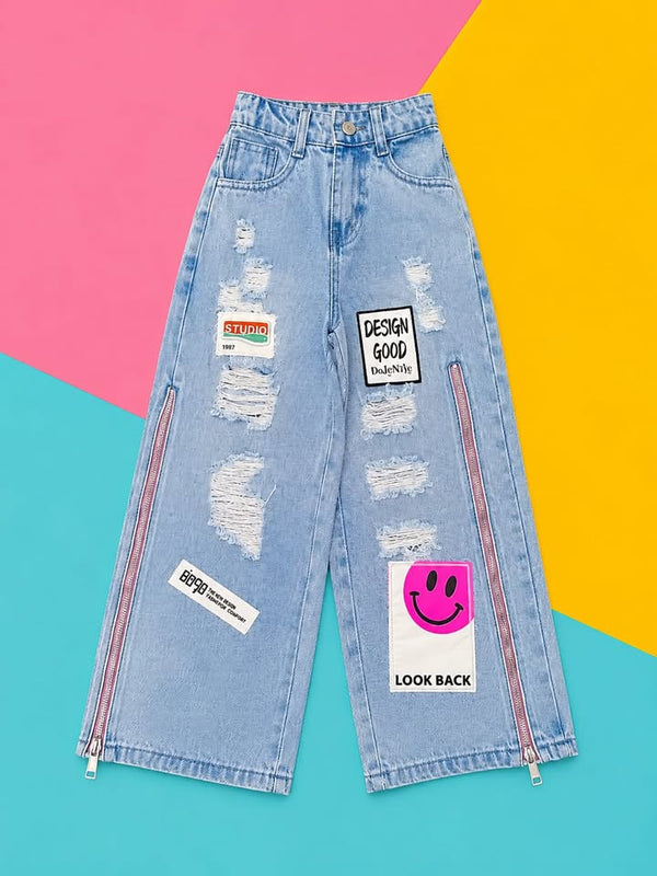 Girls Light Wash Distressed Wide Leg Jeans with Patchwork & Zip Detail