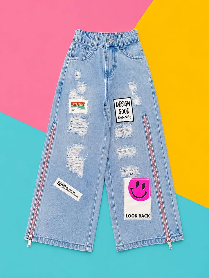 Girls Light Wash Distressed Wide Leg Jeans with Patchwork & Zip Detail