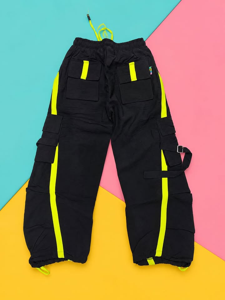 Kids Unisex Black Cargo Jogger Pants with Neon Side Stripes