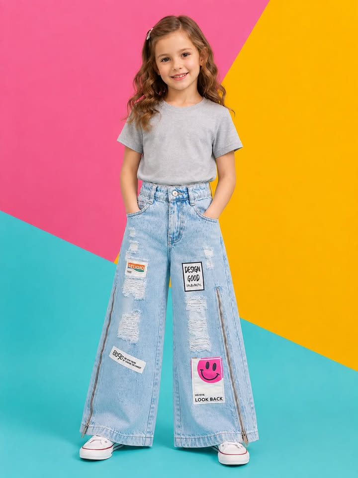 Girls Light Wash Distressed Wide Leg Jeans with Patchwork & Zip Detail