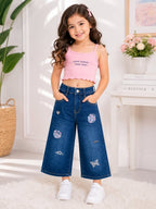 GIRLS DARK BLUE JEANS WITH BUTTERFLY AND FLORAL MOTIFS