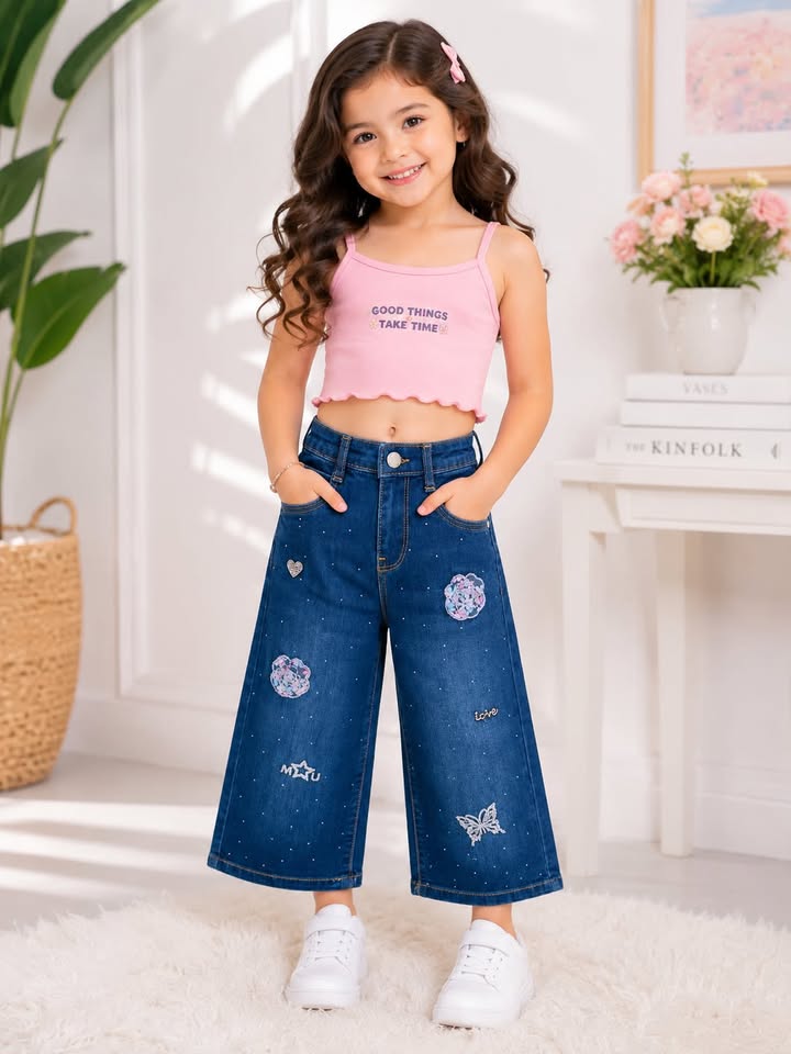 GIRLS DARK BLUE JEANS WITH BUTTERFLY AND FLORAL MOTIFS