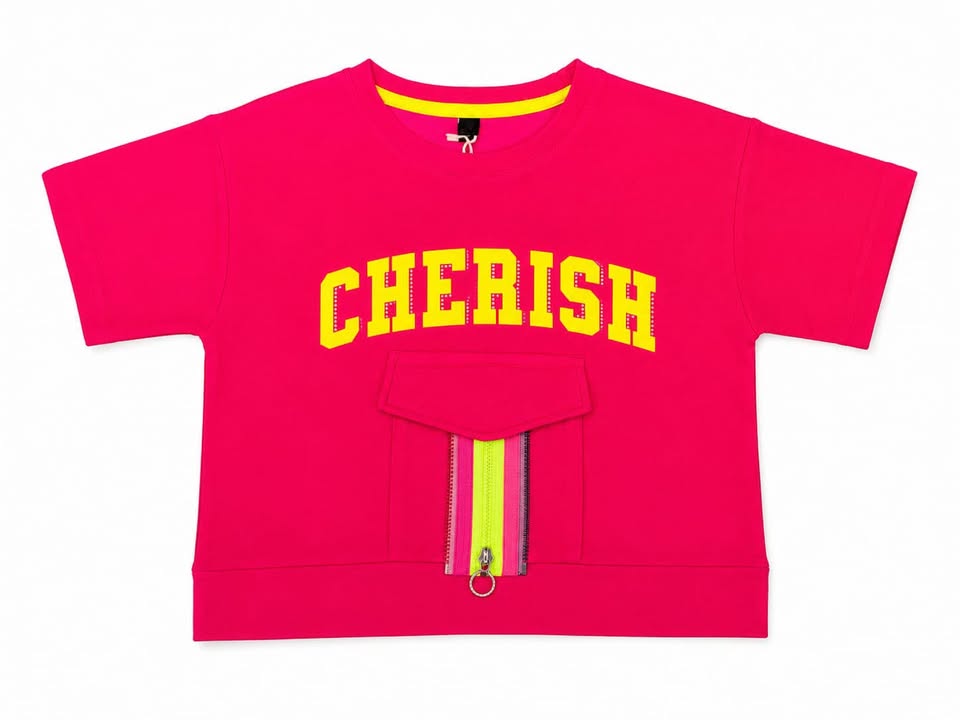 Pink Cherish Printed Cotton Half Sleeve T-Shirt with Front Zip Pocket