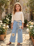 GIRLS LIGHT BLUE FANCY DENIM JEANS WITH FLORAL EMBROIDERY