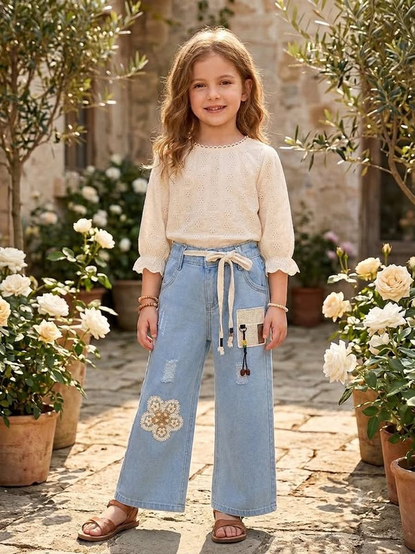 GIRLS LIGHT BLUE FANCY DENIM JEANS WITH FLORAL EMBROIDERY