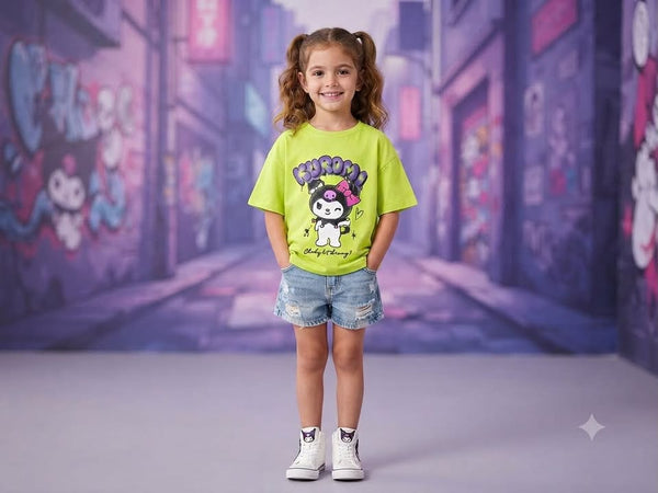 Kids Neon Green Kuromi Graphic Cotton Half Sleeve T-Shirt