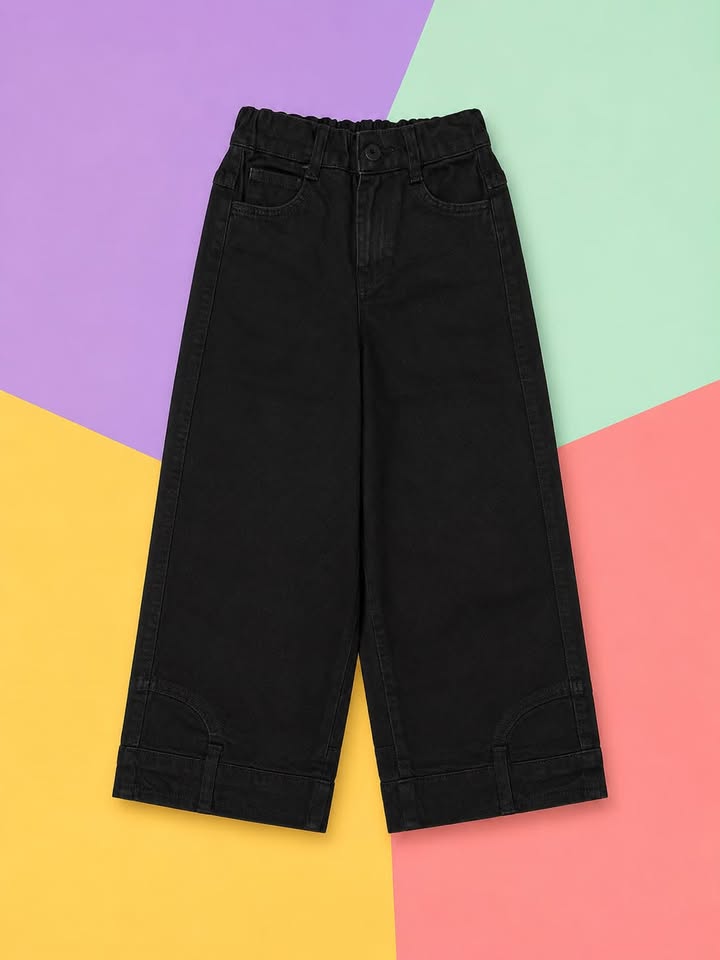 Girls Solid Black Wide Leg Denim Jeans