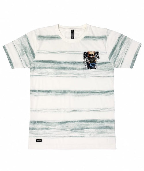 Boys White Striped Teddy Print Half Sleeve Round Neck T-Shirt