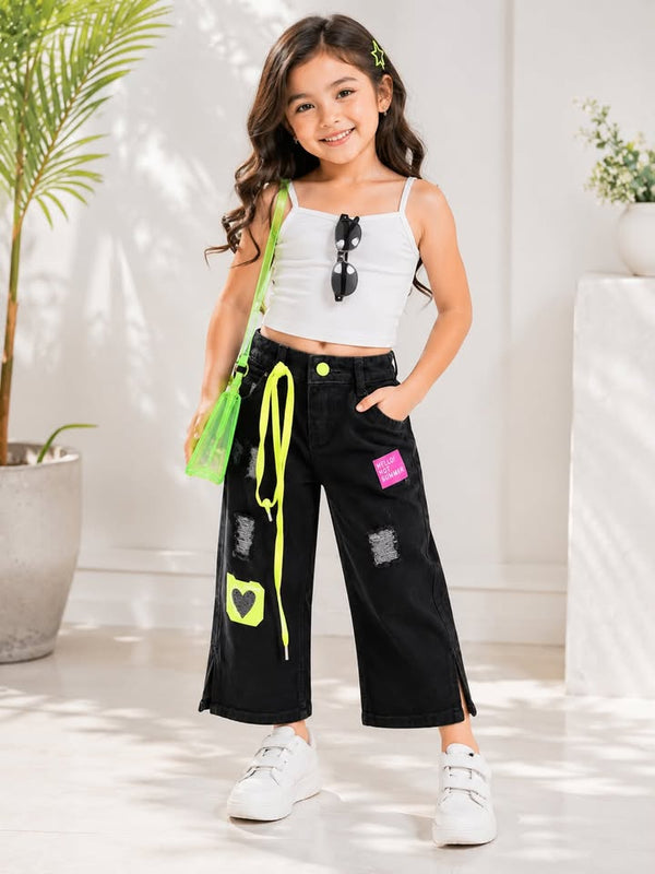 GIRLS BLACK FANCY DENIM JEANS WITH NEON ACCENTS