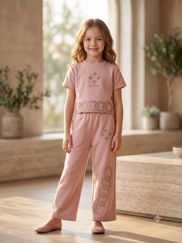 GIRLS PINK GRAPHIC T-SHIRT AND WIDE-LEG TROUSER CO-ORD SET
