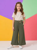 Olive Green Wide Leg Korean Pants with Decorative Buckle