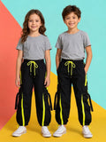 Kids Unisex Black Cargo Jogger Pants with Neon Side Stripes