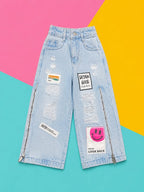 Girls Light Wash Distressed Wide Leg Jeans with Patchwork & Zip Detail
