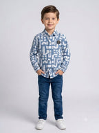 Boys Blue & White Geometric Printed Shirt