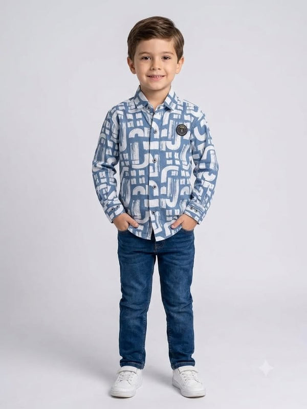 Boys Blue & White Geometric Printed Shirt
