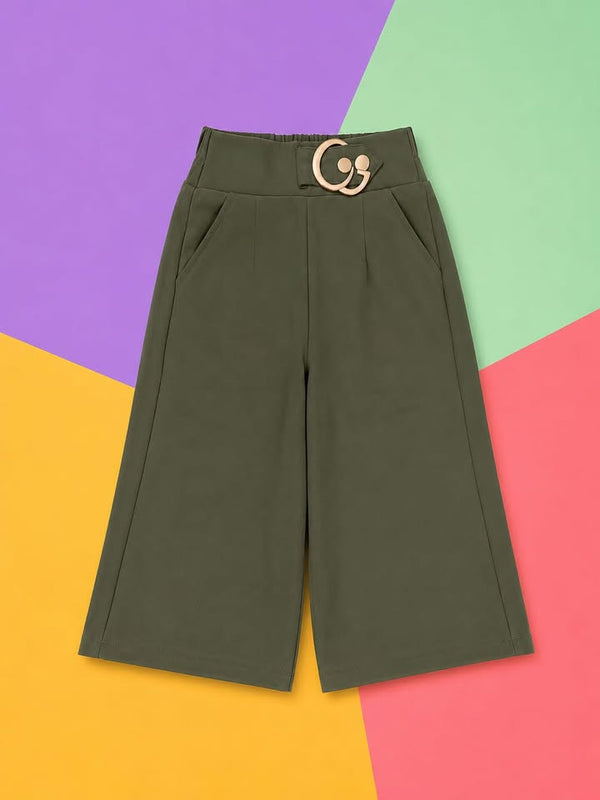 Olive Green Wide Leg Korean Pants with Decorative Buckle