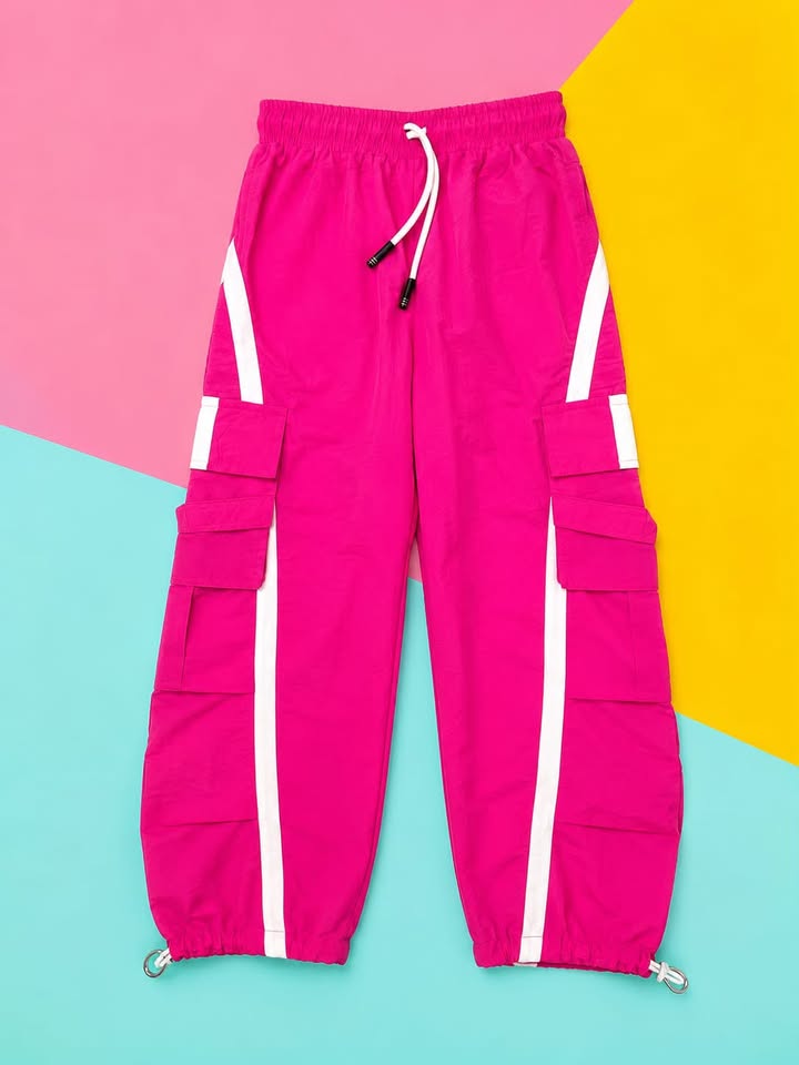 Kids Hot Pink Cargo Jogger Pants with White Side Stripes