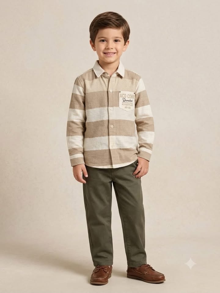 Boys Cream & Beige Broad Striped Shirt