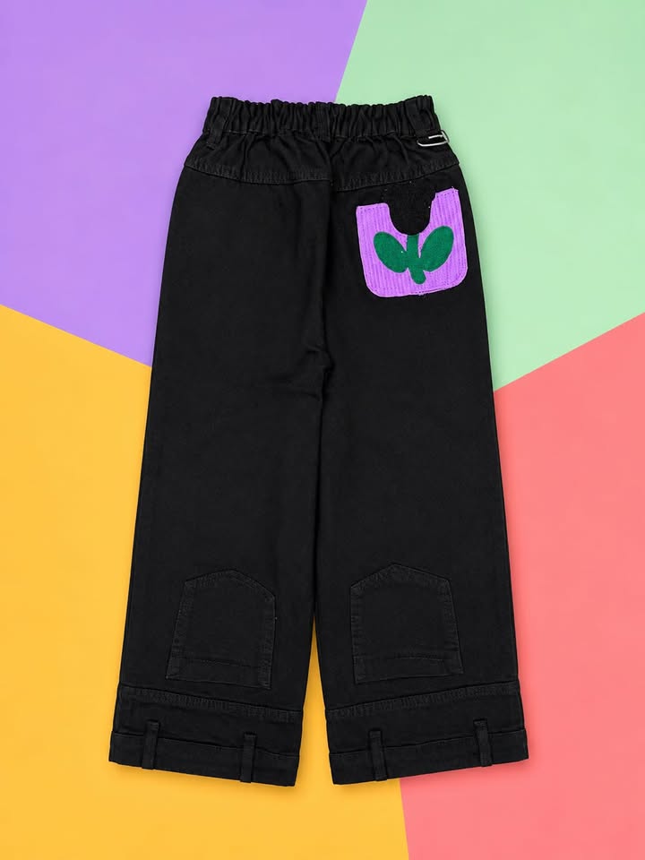 Girls Solid Black Wide Leg Denim Jeans