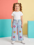 Girls Light Wash Denim Wide Leg Jeans with Smiley Print