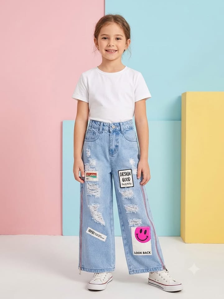 Girls Light Wash Distressed Wide Leg Jeans with Patchwork & Zip Detail