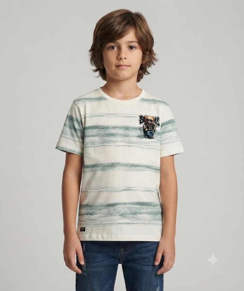 Boys White Striped Teddy Print Half Sleeve Round Neck T-Shirt