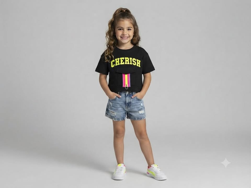Kids Black Cherish Printed Cotton Half Sleeve T-Shirt with Front Zip Pocket
