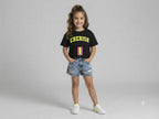 Kids Black Cherish Printed Cotton Half Sleeve T-Shirt with Front Zip Pocket